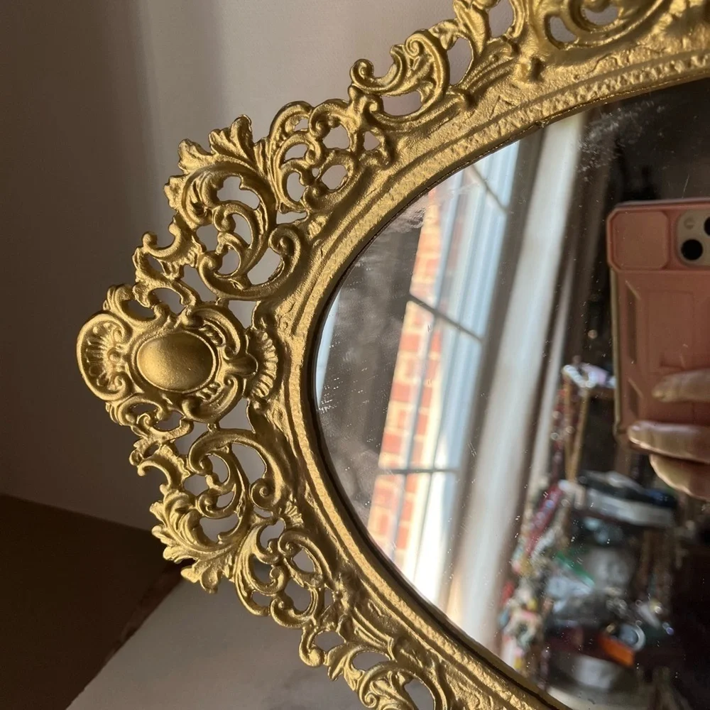 Vintage gold ornate oval wall mirror or vanity tray by Robert Emig 1960